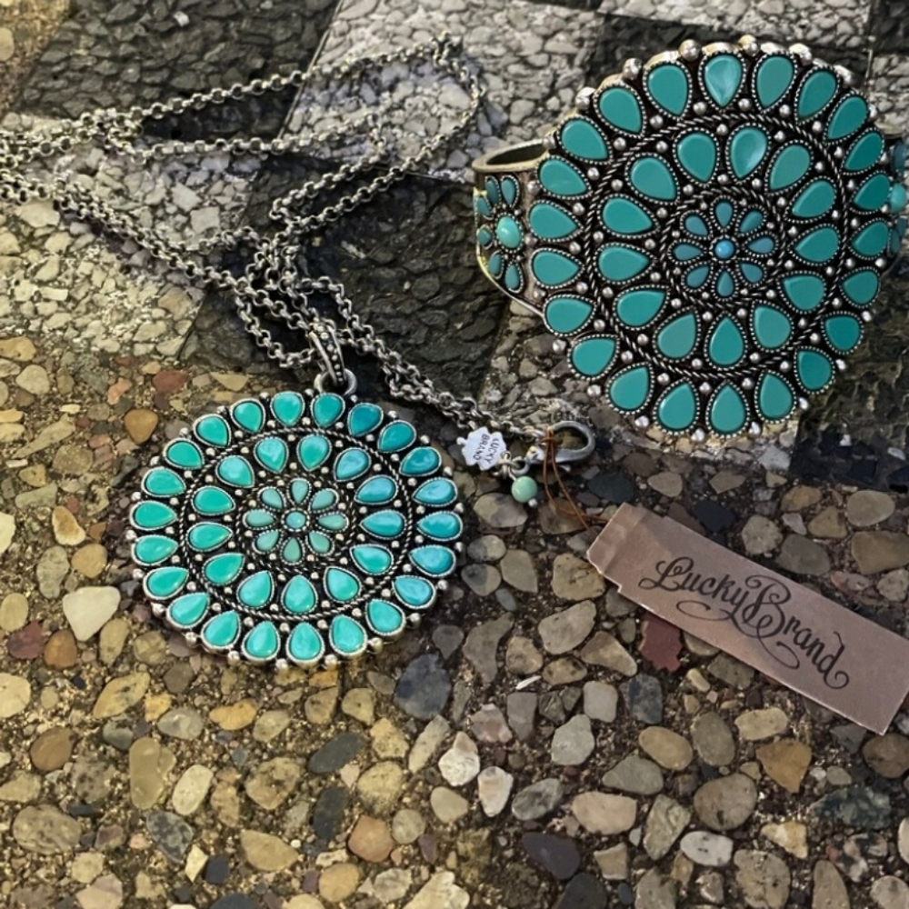 Lucky Brand Turquoise and Silver Pendant Necklace & Cuff Bracelet Set